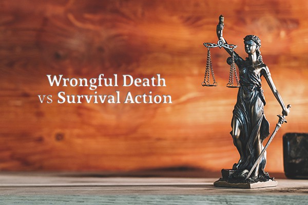 A small statue of "blind justice" sits on a desk beside the words "Wrongful Death vs Survival Action"