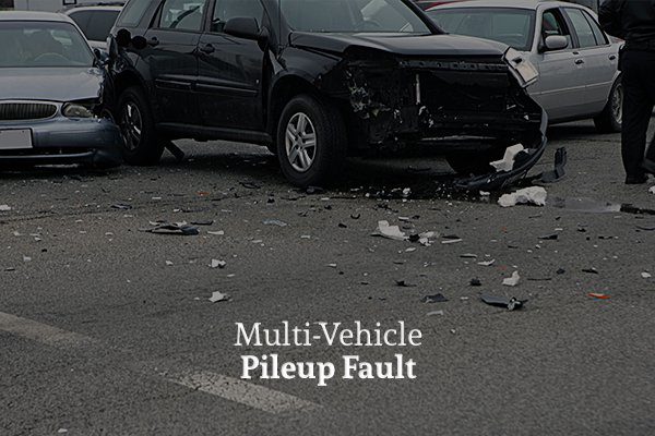 Three cars crashed into each other on the road with the words multi vehicle pileup fault