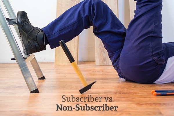 A man has fallen off of a ladder and dropped a hammer, with words that read, subscriber vs non subscriber.