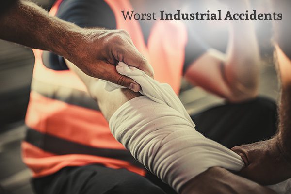 An industrial worker is getting his armed bandaged, with the words, worst industrial accidents.