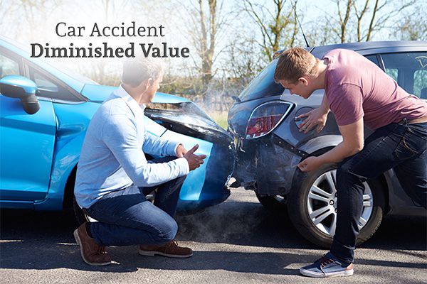 Two gentlemen checking the damage of a rear-end collision with the words, car accident diminished value.