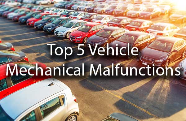 Cars in a lot with the words, "top 5 vehicles mechanical malfunctions."