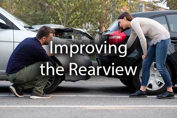 A rear-end accident with the words, "improving the rearview."