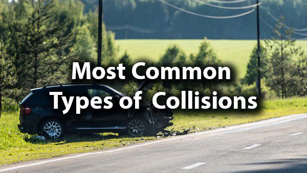 A car that has run off the side of the road with the words, "most common types of collisions."