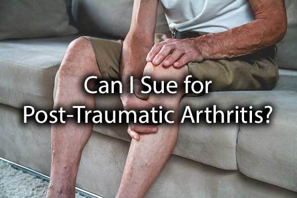 A gentleman is holding his knee with the words, "can I sue for post-traumatic arthritis?"