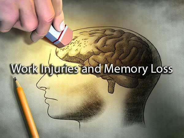 A drawing of a brain that someone is erasing with the words, "work injuries and memory loss."