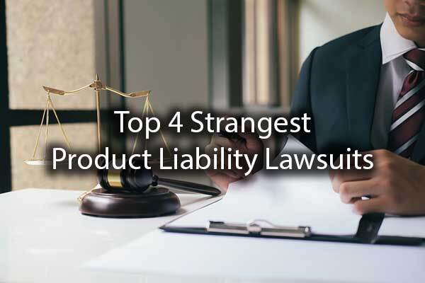 A lawyer going over paperwork with a scale nearby and the words, "top 4 strangest product liability lawsuits."