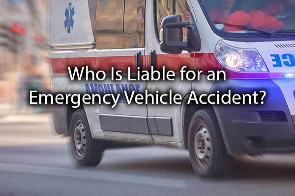 An ambulance with driving down the streets with the words, "Who Is Liable for an Emergency Vehicle Accident?"