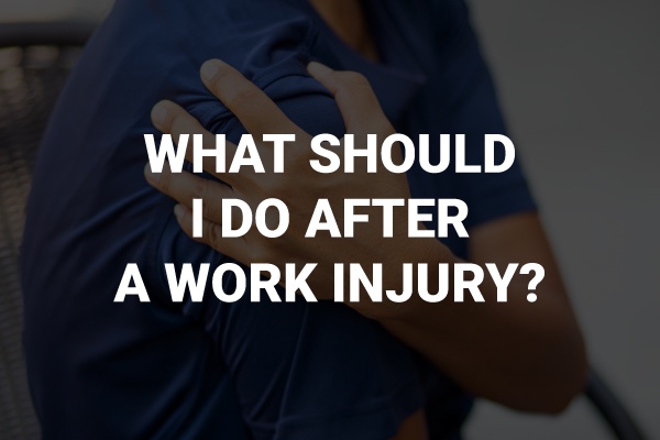 An injured person with the words, "what should I do immediately after a work injury?"