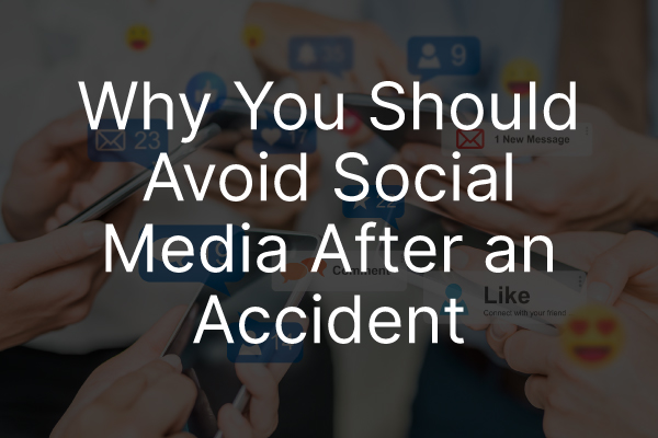 A bunch of individuals on their phones with the words, "Why You Should Avoid Social Media After an Accident."
