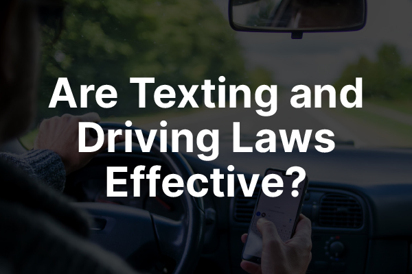 A person texting and driving with the words, "are texting and driving laws effective?"