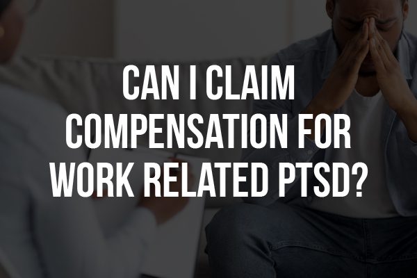 A person talking to a doctor with the words, "can I claim compensation for work related PTSD?"