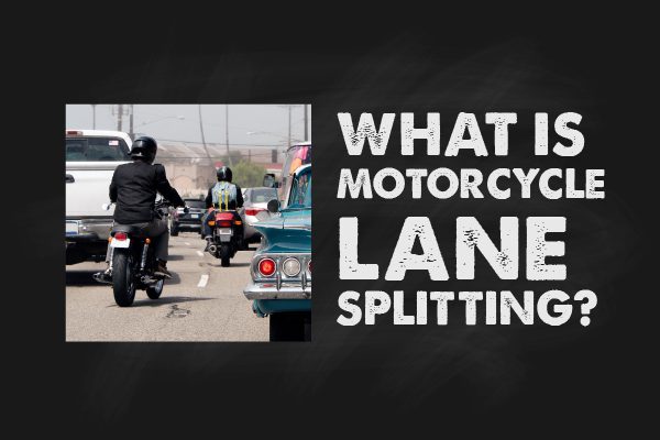 A picture of motorcyclists driving in between cars with the words, "what is motorcycle lane splitting?"