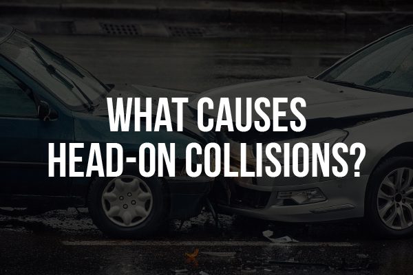 Two cars hitting head-on with the words, "what causes head-on collisions?"