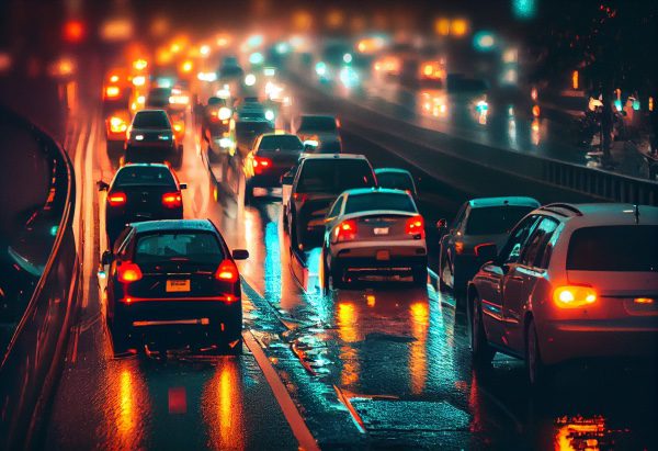 A shot of cars in traffic in a big city.